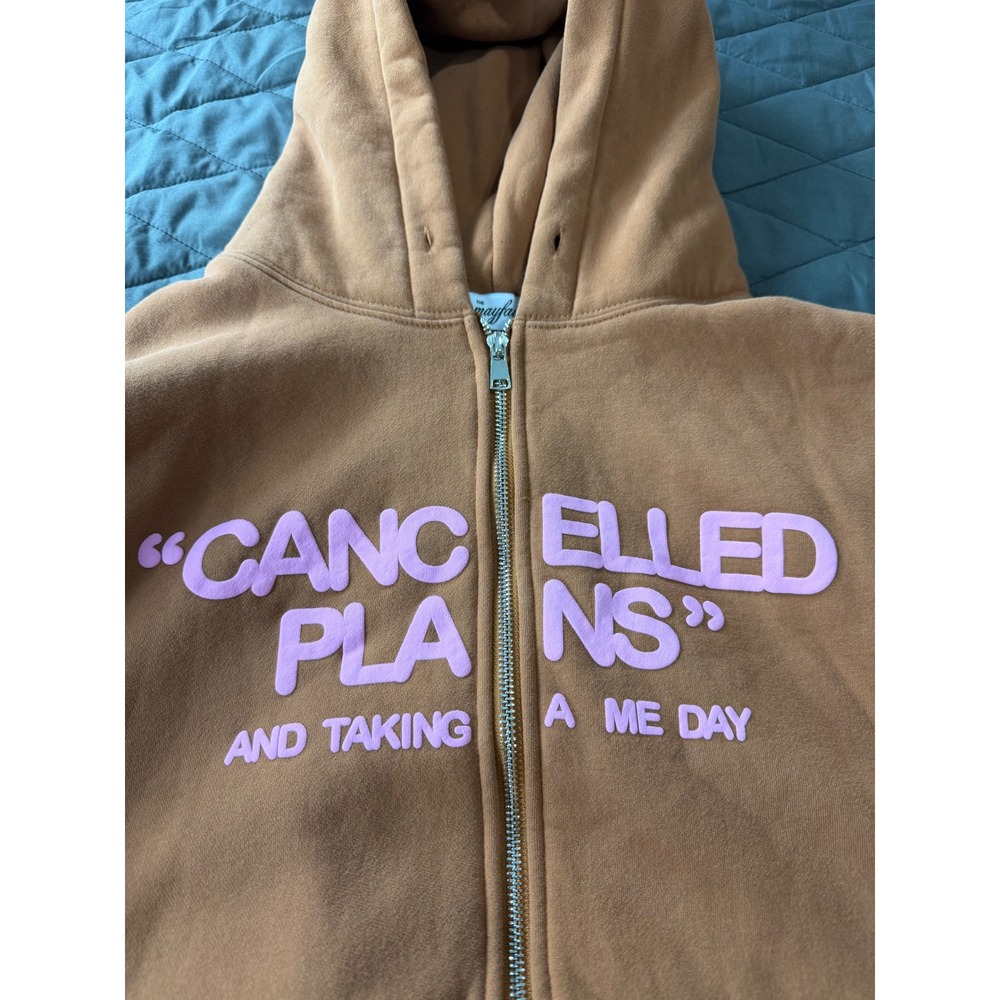 The Mayfair Group Cancelled Plans Zip Up Hoodie Brown Pink Puff Print L/XL - Picture 12 of 14